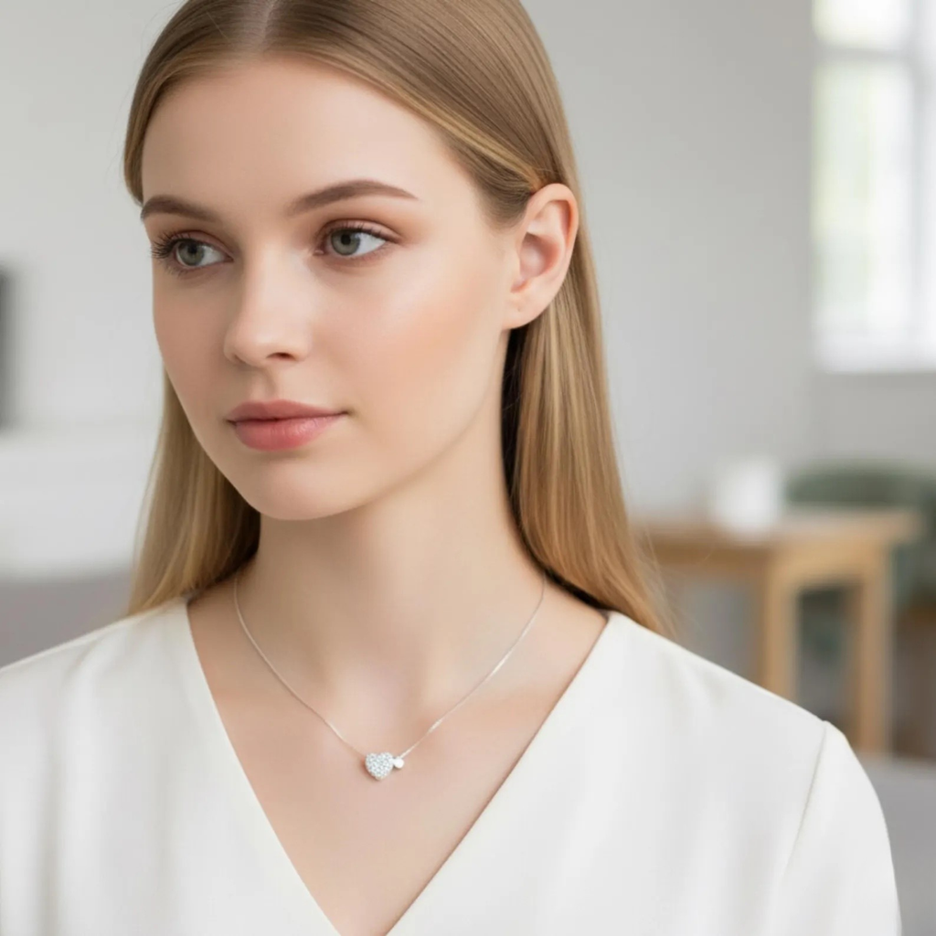 Sterling silver heart pendant necklace with zirconia on a delicate clavicle chain, designed by Luxe Treasures.