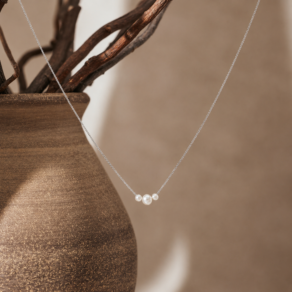 Dainty gold necklace with three freshwater pearls, minimalist layering jewelry by Luxe Treasures, close-up of jewelry on a white background.