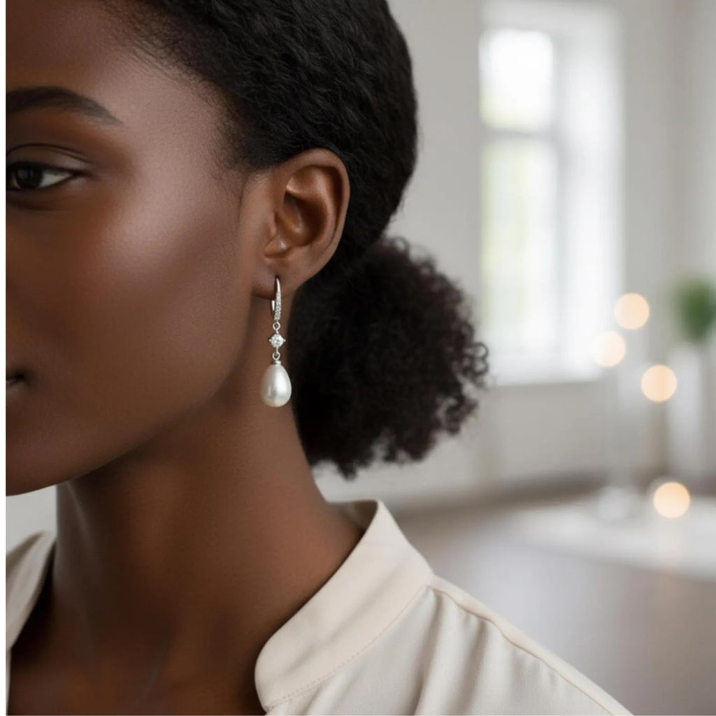 Luxe Treasures freshwater pearl drop earrings with crystal accents, elegant bridal jewelry perfect for weddings and special occasions.