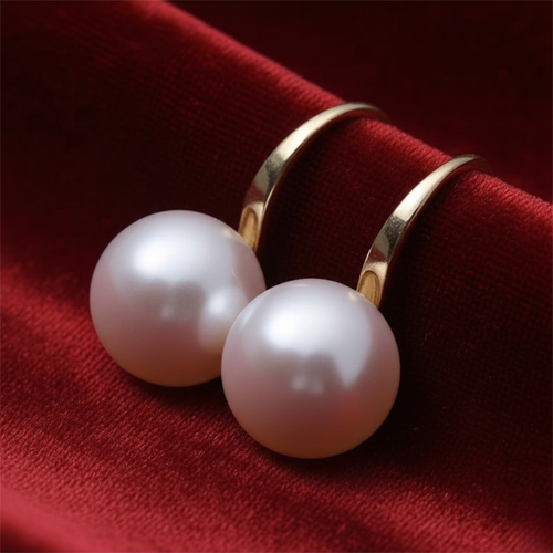Sterling silver and gold handmade pearl huggie earrings with a sleek, elegant design, featuring small lustrous pearls.