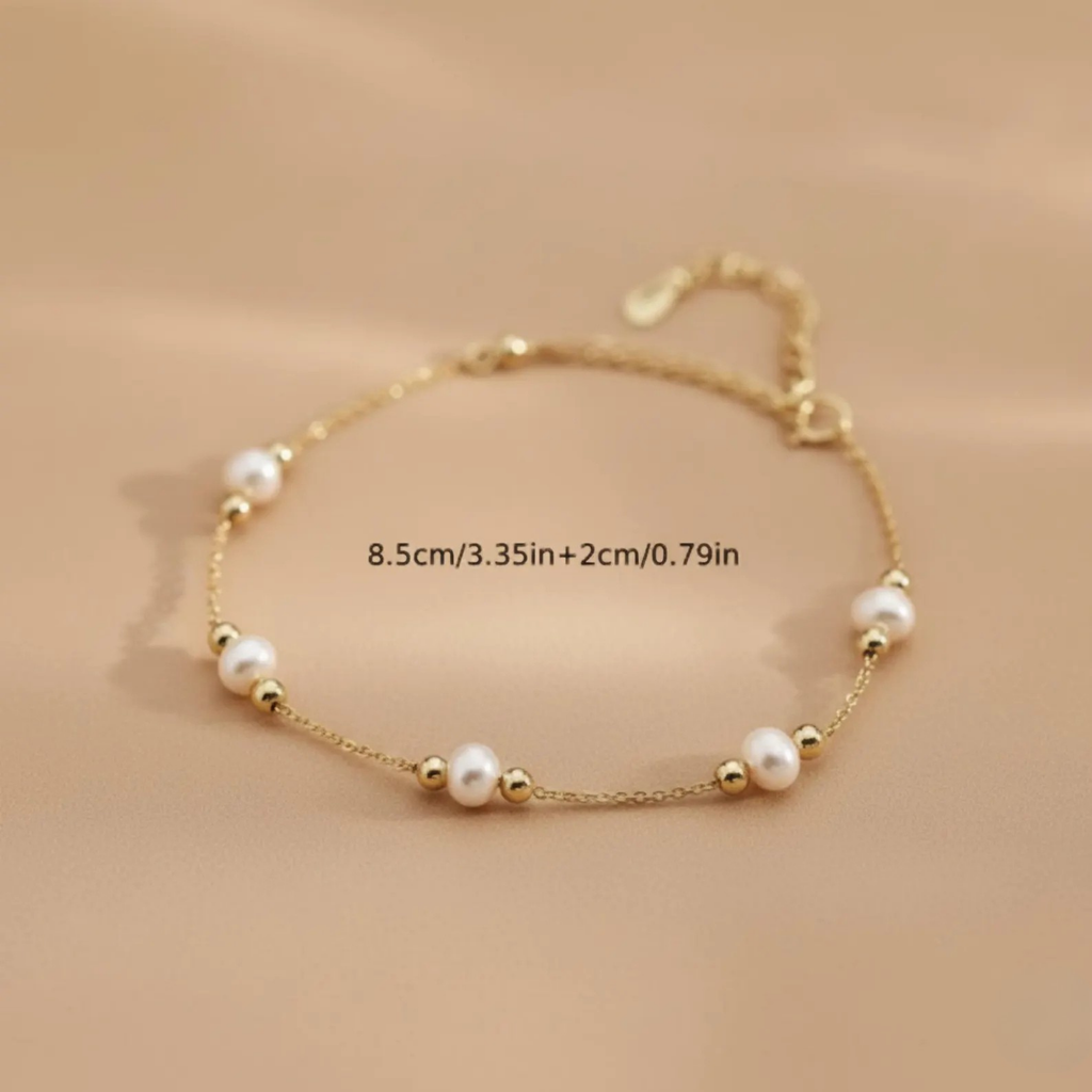 Luxe Treasures 18K gold plated freshwater pearl bracelet with dainty minimalist design, ideal for wedding jewelry.