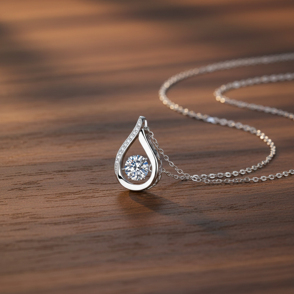 Sterling silver moissanite teardrop necklace with a dainty bridal pendant, featuring a sparkling teardrop-shaped gemstone.