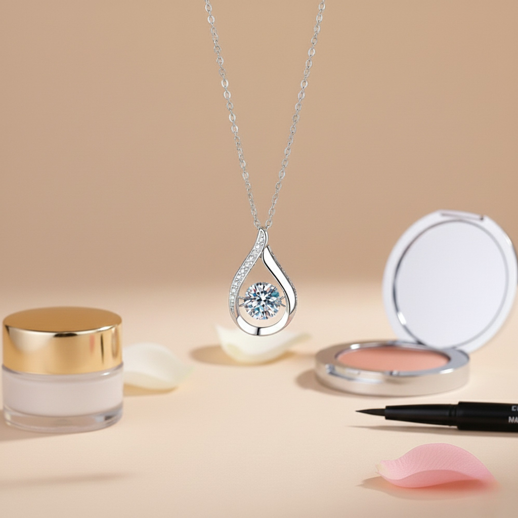 Sterling silver moissanite teardrop necklace with dainty bridal pendant, showcasing sparkling gemstone and elegant design.