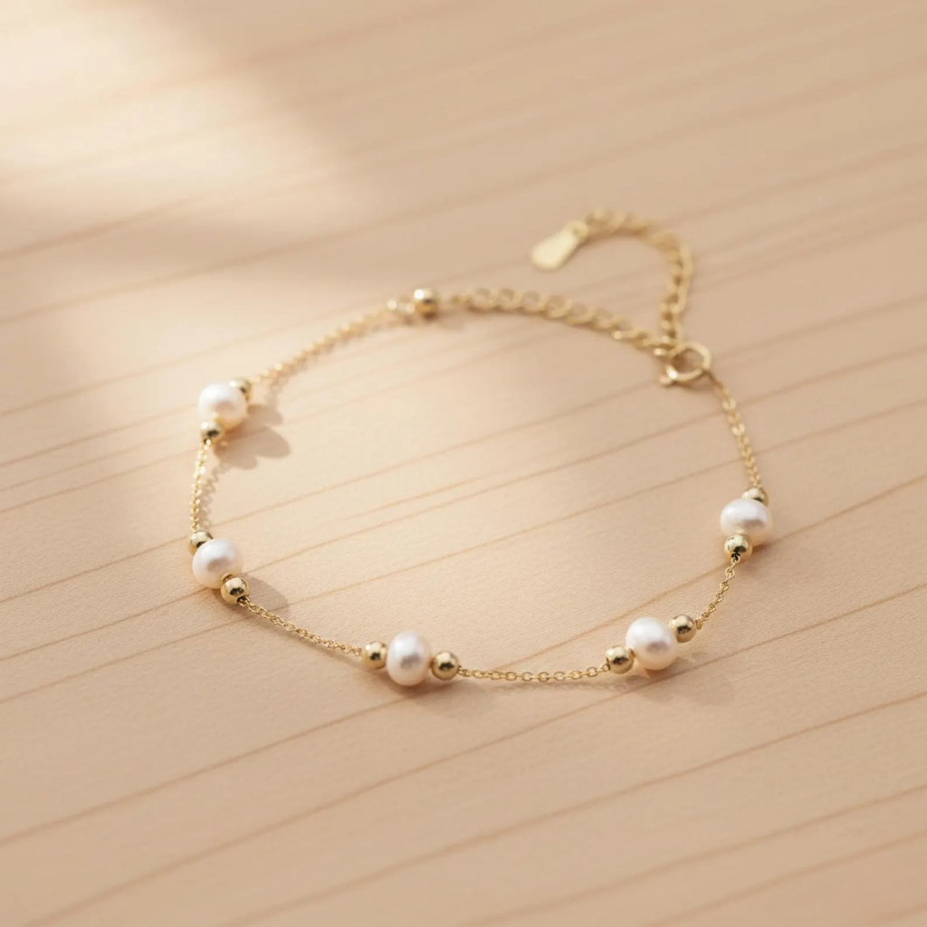18K gold plated freshwater pearl bracelet by Luxe Treasures, dainty minimalist wedding jewelry with elegant pearl accents.
