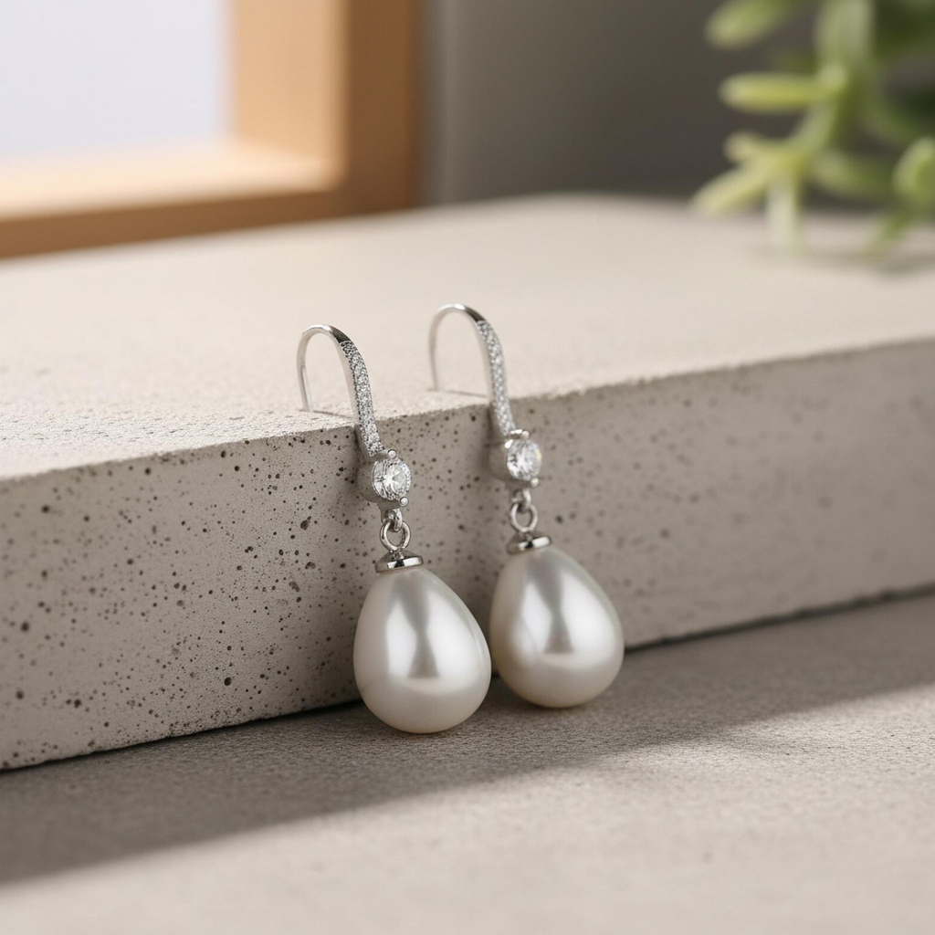 Luxe Treasures freshwater pearl drop earrings with crystal accents, elegant bridal jewelry perfect for weddings and special occasions.