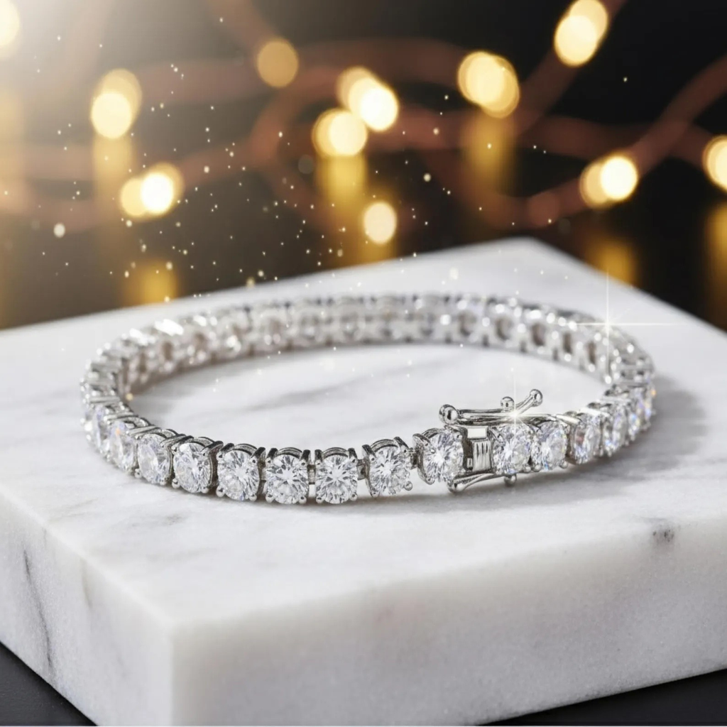 Luxury bridal tennis bracelet by Luxe Treasures featuring sparkling crystal diamonds on a delicate silver chain.