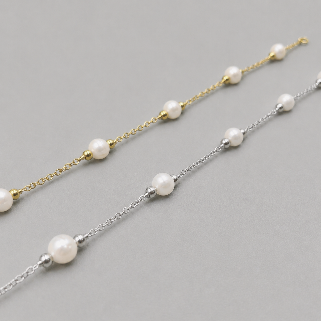 Dainty 18K gold plated freshwater pearl bracelet from Luxe Treasures, minimalist wedding jewelry with a delicate design.