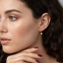 Load image into Gallery viewer, Gold diamond huggie hoop earrings for women featuring dainty drop dangle design, minimalist bridal jewelry by Luxe Treasures
