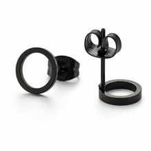 Load image into Gallery viewer, Minimalist gold, silver, and black open circle stud earrings by Luxe Treasures, stylish and versatile for everyday wear.