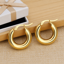 Load image into Gallery viewer, Luxe Treasures 18K gold plated thick round hoop earrings, hypoallergenic jewelry for stylish, comfortable wear.