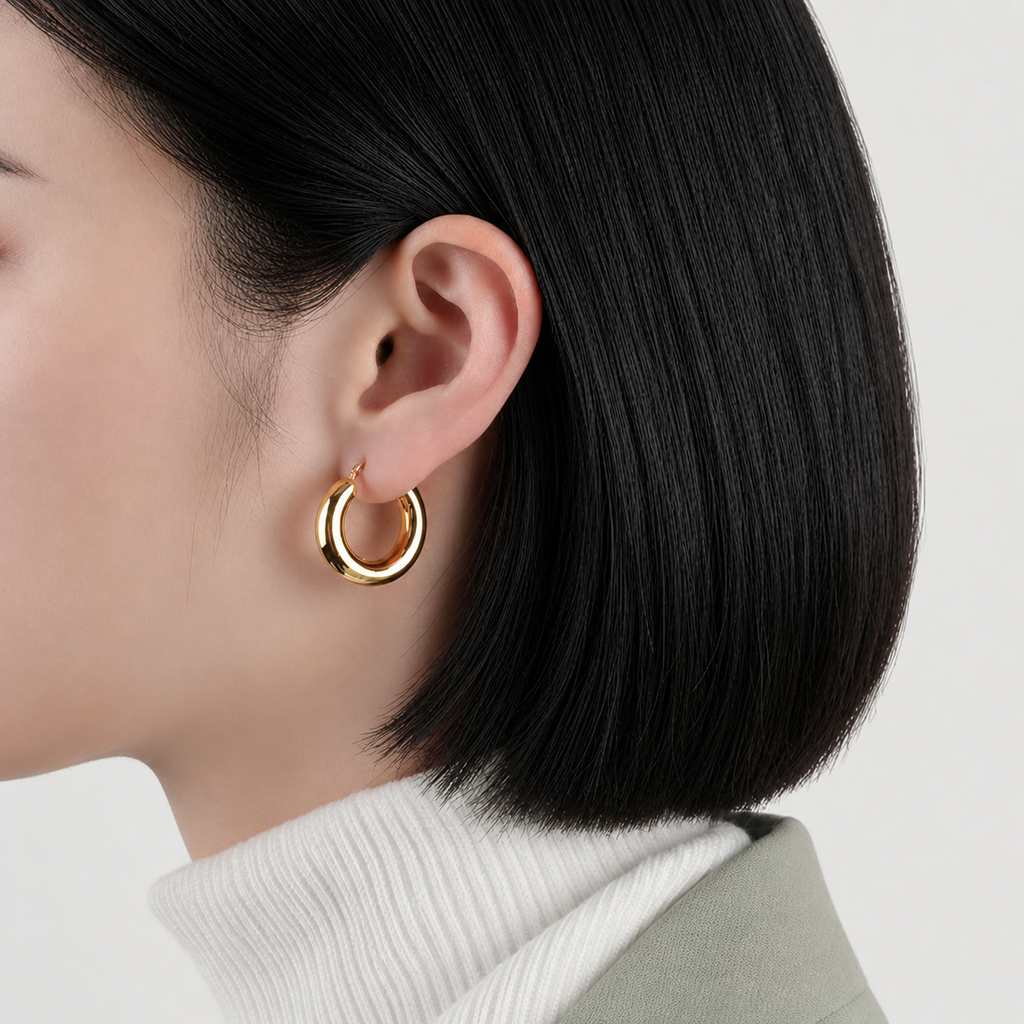 Luxe Treasures 18K gold plated thick round hoop earrings, hypoallergenic jewelry with a shiny finish, perfect for everyday wear