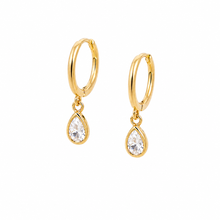 Load image into Gallery viewer, Sterling silver teardrop huggie earrings with dainty cubic zirconia accents, designed by Luxe Treasures.