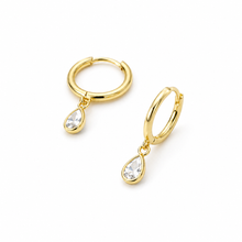 Load image into Gallery viewer, Sterling silver teardrop huggie earrings with dainty CZ accents, stylish and elegant jewelry by Luxe Treasures.