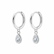 Load image into Gallery viewer, Sterling silver teardrop huggie earrings with dainty CZ stones, stylish hoop design by Luxe Treasures.