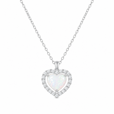 Sterling silver opal heart necklace with diamond pendant from Luxe Treasures, featuring a sparkling gemstone design.