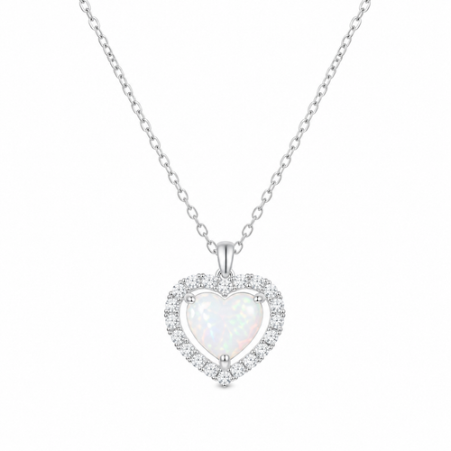 Sterling silver opal heart necklace with diamond pendant from Luxe Treasures, featuring a sparkling gemstone design.