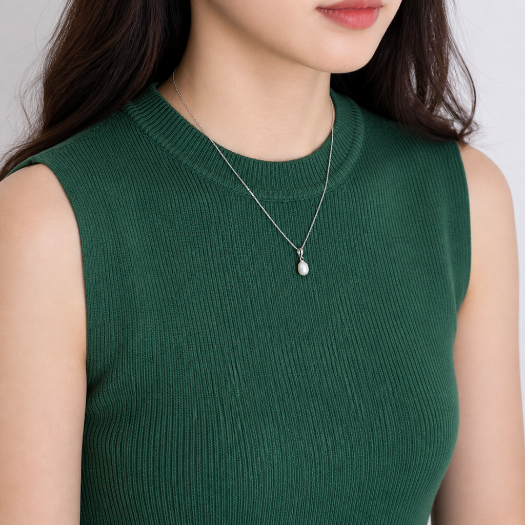 Gold teardrop necklace with freshwater pearl pendant, elegant jewelry piece featuring a luxurious pearl and gold chain.