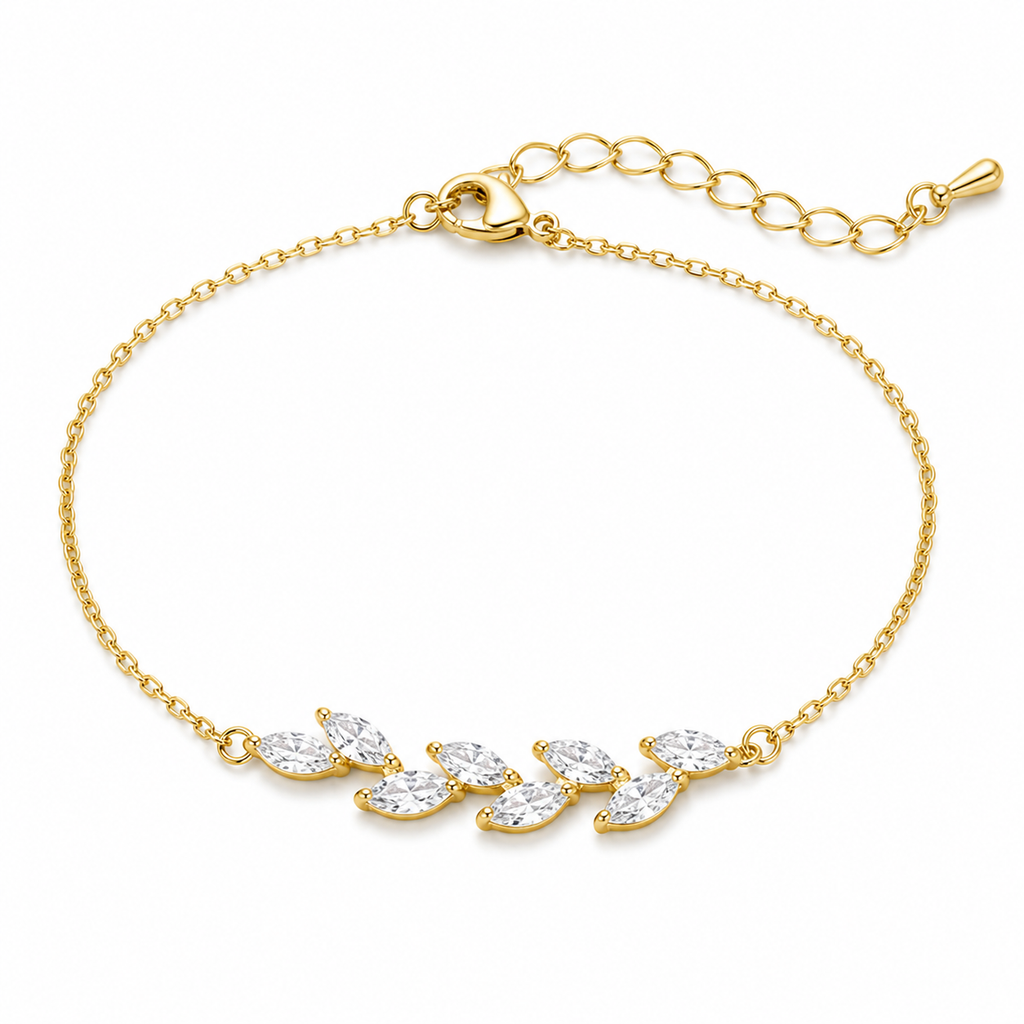 Dainty Leaf Marquise CZ bracelet by Luxe Treasures, minimalist bridal jewelry featuring leaf-shaped and marquise-cut cubic zirconia stones.