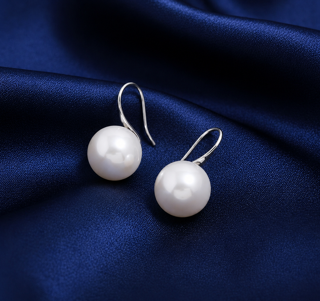 Handmade pearl huggie earrings by Luxe Treasures featuring sterling silver and gold with small, elegant pearl accents.