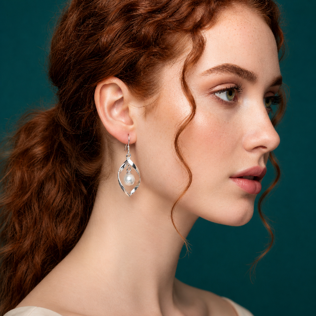 Sterling silver freshwater pearl dangle earrings with boho rhombus drop design, featuring elegant pearl accents and silver hooks.