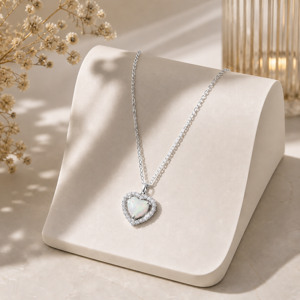 Sterling silver opal heart necklace with diamond pendant from Luxe Treasures, featuring a sparkling gemstone and elegant chain.
