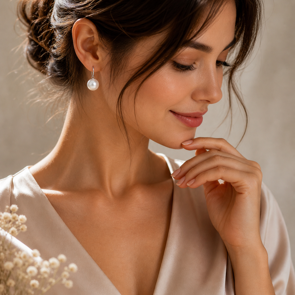 Handmade pearl huggie earrings with sterling silver and gold accents, featuring small, elegant pearls on a polished metal hoop.