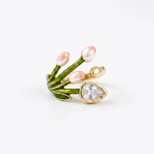 Load image into Gallery viewer, Elegant flower ring in luxury gift box by Luxe Treasures, featuring a silver band and intricate floral design.
