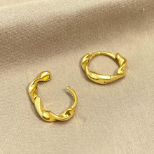 Load image into Gallery viewer, Sterling silver twisted huggie hoop earrings with gold plating, dainty and stylish jewelry by Luxe Treasures.