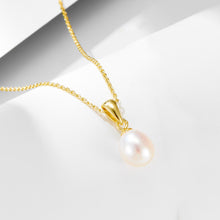 Load image into Gallery viewer, Gold teardrop pearl necklace with freshwater pearl pendant showcasing elegant jewelry design