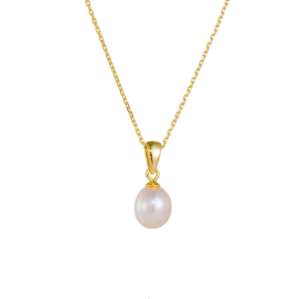 Gold teardrop necklace with freshwater pearl pendant, elegant jewelry by Luxe Treasures displayed on a white background.