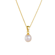 Load image into Gallery viewer, Gold teardrop necklace with freshwater pearl pendant, elegant jewelry by Luxe Treasures displayed on a white background.