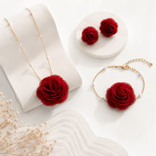 Load image into Gallery viewer, Elegant Luxe Treasures rose jewelry set with red, black, and white floral necklace, bracelet, and earrings in a premium gift box.