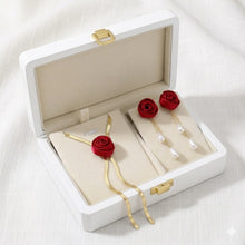 Load image into Gallery viewer, Luxe Treasures rose jewelry set with pearl drop earrings and gold necklace, displayed in a luxury gift box for women