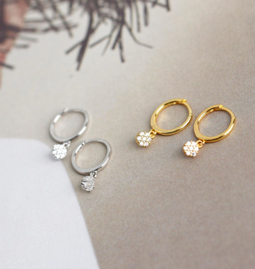 Gold diamond huggie hoop earrings for women, minimalist drop dangle jewelry, bridal gift, by Luxe Treasures.