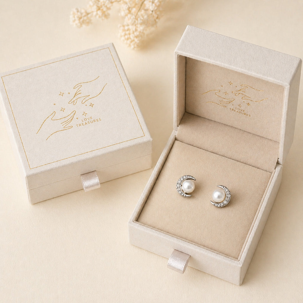 Silver crescent moon pearl studs earrings featuring celestial design by Luxe Treasures, showcasing shiny pearl accents on a silver setting.