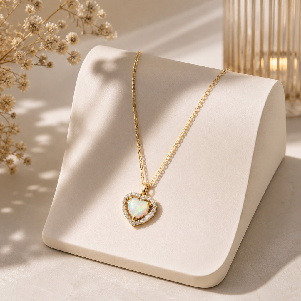 Sterling silver opal heart necklace with diamond pendant, showcasing a sparkling gemstone and elegant chain design.
