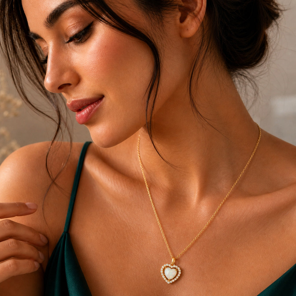 Sterling silver opal heart necklace with diamond pendant from Luxe Treasures, showcasing a sparkling opal and elegant silver chain.
