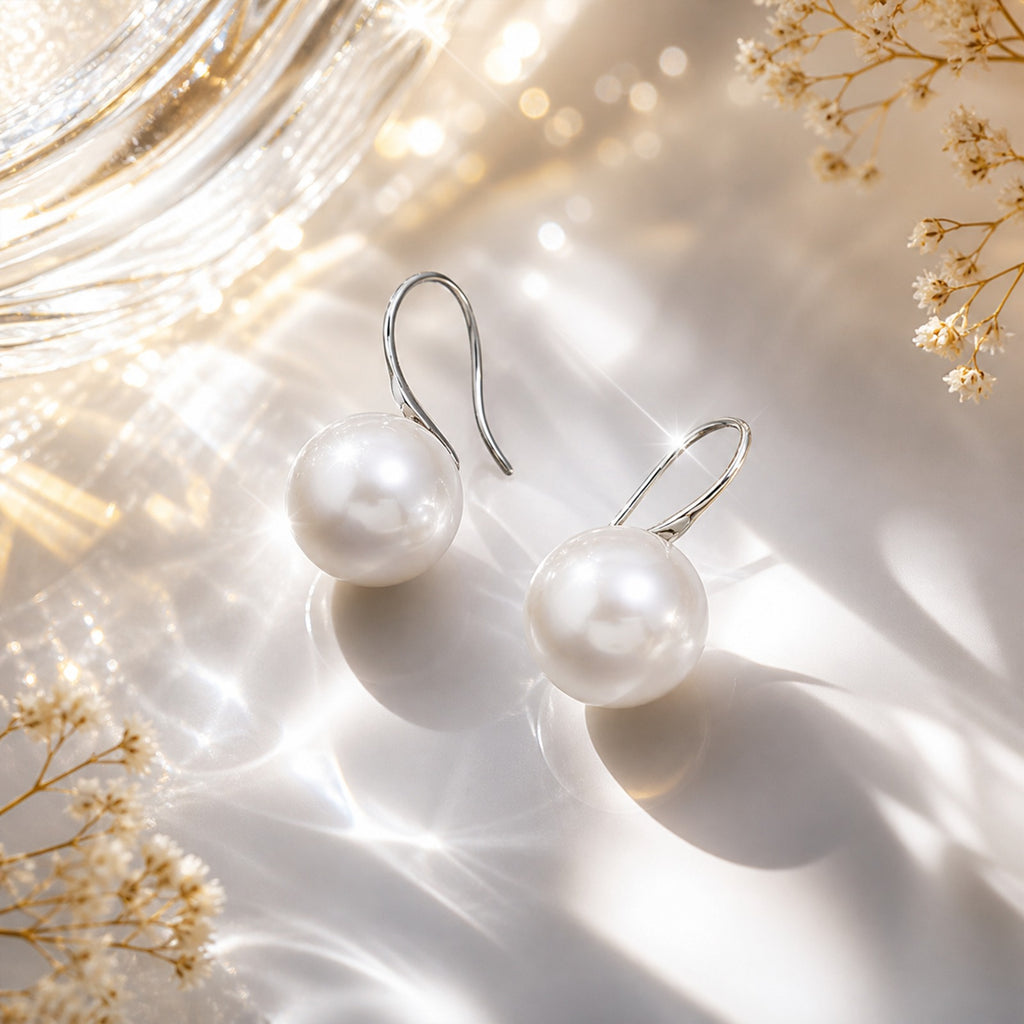 Handmade pearl huggie earrings in sterling silver and gold with delicate design, showcasing elegant jewelry craftsmanship.