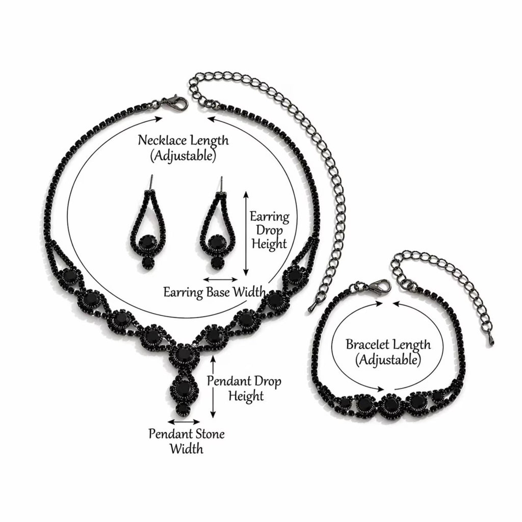 Black crystal gothic jewelry set including a choker necklace, earrings, and bracelet with handmade design by Luxe Treasures.