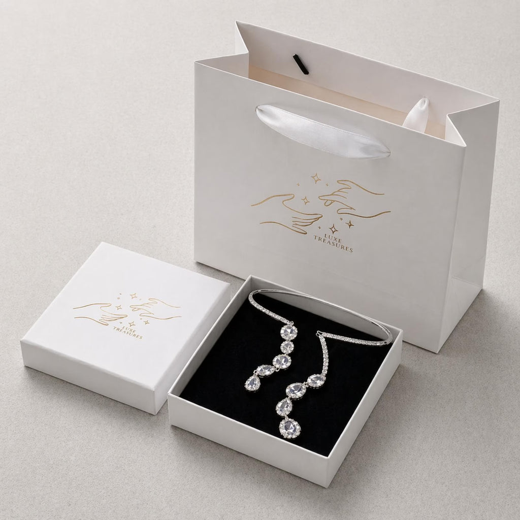 Luxe Treasures radiant crystal cascade collar necklace with colorful multi-stone drops, elegant statement jewelry for special occasions.