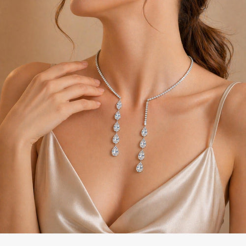 Luxe Treasures radiant crystal cascade collar necklace with multi-stone drop design, elegant statement jewelry for special occasions.
