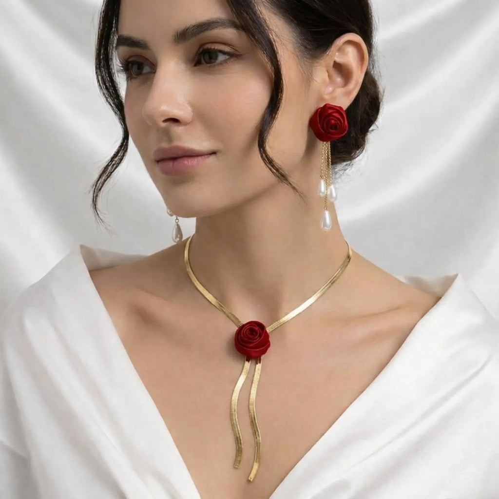 Luxe Treasures rose jewelry set with pearl drop earrings and gold necklace in a luxury gift box for women.