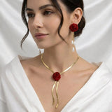 Rose Jewelry Set with Pearl Drop Earrings & Gold Necklace – Luxury Gift Box Set for Women