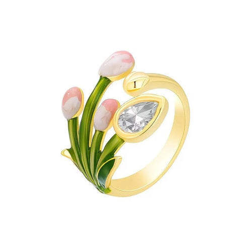 Elegant pearl flower ring with crystal accents by Luxe Treasures, displayed in a luxury gift box, perfect for women.