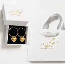 Load image into Gallery viewer, Luxury Heart Drop Hoop Earrings by Luxe Treasures in a gift box, featuring elegant fashion jewelry for women.