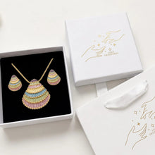 Load image into Gallery viewer, Handcrafted bohemian jewelry set with multicolor beaded shell pendant necklace and matching earrings from Luxe Treasures