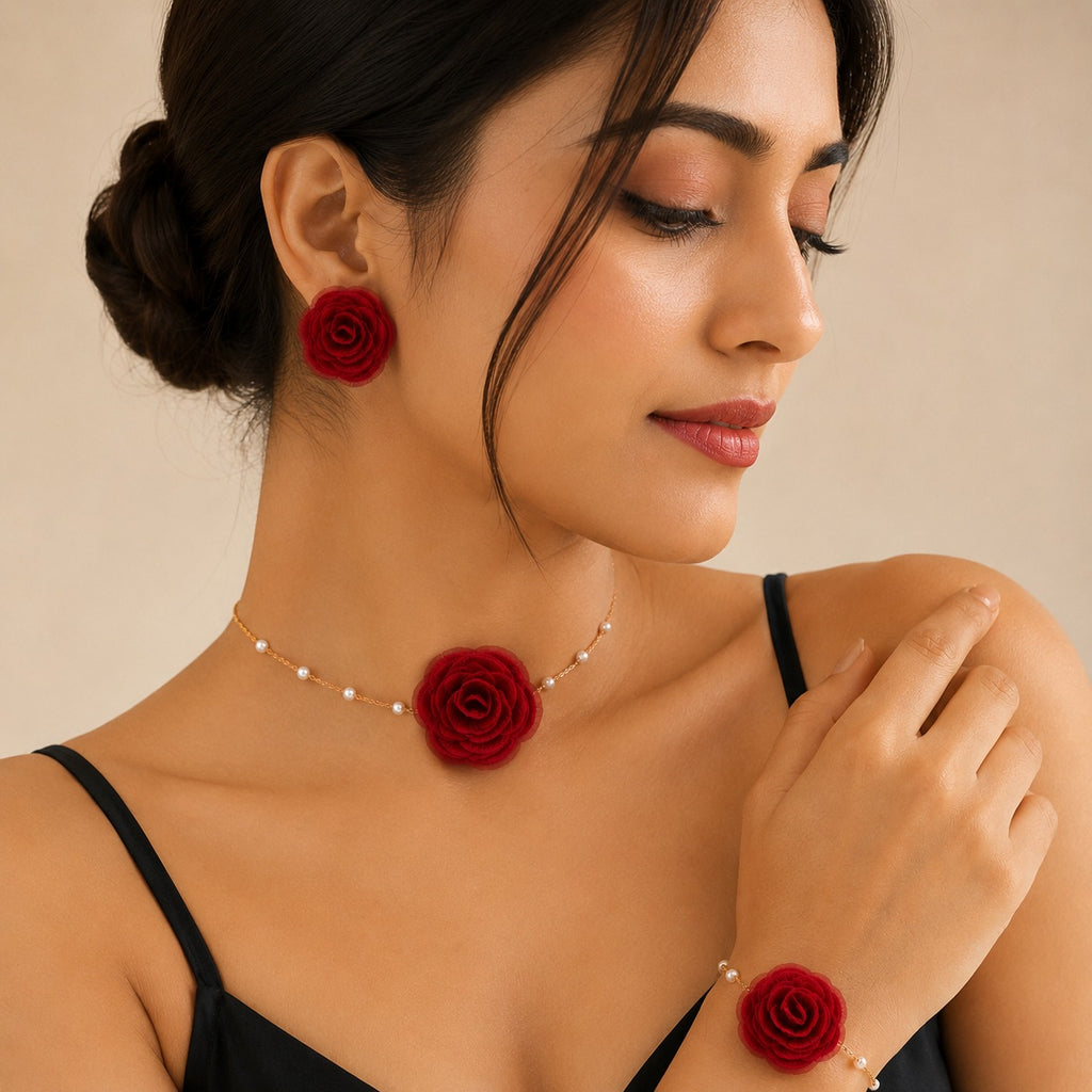 Luxe Treasures floral jewelry set with red, black, and white necklaces, bracelets, and earrings in a premium gift box.