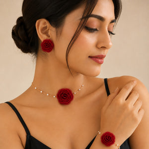Luxe Treasures floral jewelry set with red, black, and white necklaces, bracelets, and earrings in a premium gift box.