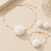 Load image into Gallery viewer, Luxe Treasures rose jewelry gift set with red, black, and white floral necklace, bracelet, and earrings in a premium box.