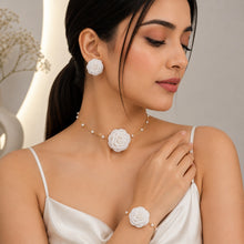 Load image into Gallery viewer, Luxe Treasures rose jewelry gift set with red, black, and white floral necklace, bracelet, and earrings in a premium box.